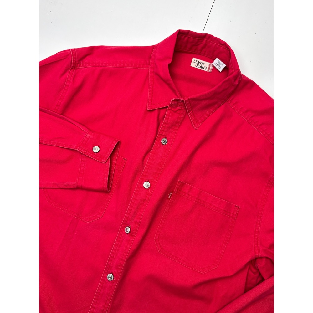 Vintage Levis Jeans Red Denim Button Down Shirt Mens Large Long Sleeve Workwear